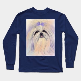 Colorful Abstract Shitzu with Lavender Bow Long Sleeve T-Shirt